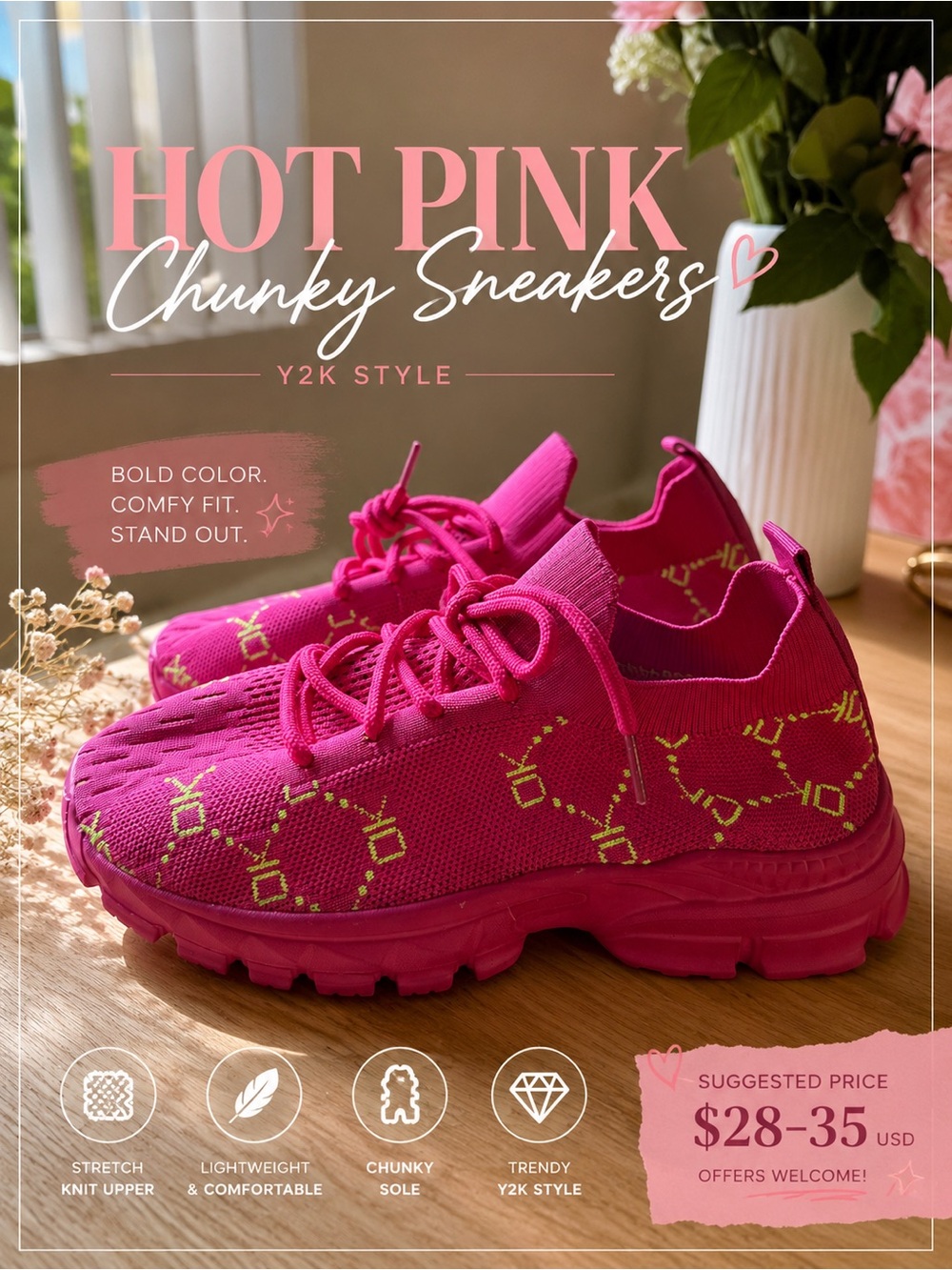 Hot Pink Chunky Knit Sneakers Neon Green Detail Y2K Style - Picture 2 of 6